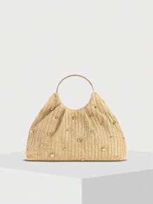 Bolso de mano de mujer de moda Talla S con decoración de remaches, bolso de paja fruncida, bolso tejido, bolso de asa superior para el verano