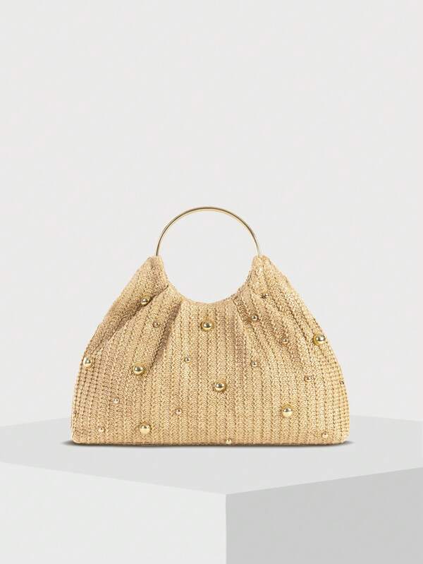 Bolsa Fashionable Feminina Tamanho P com Decoração de Rebite, Bolsa de Palha Pregueada, Bolsa Trançada, Bolsa de Alça Superior para o Verão