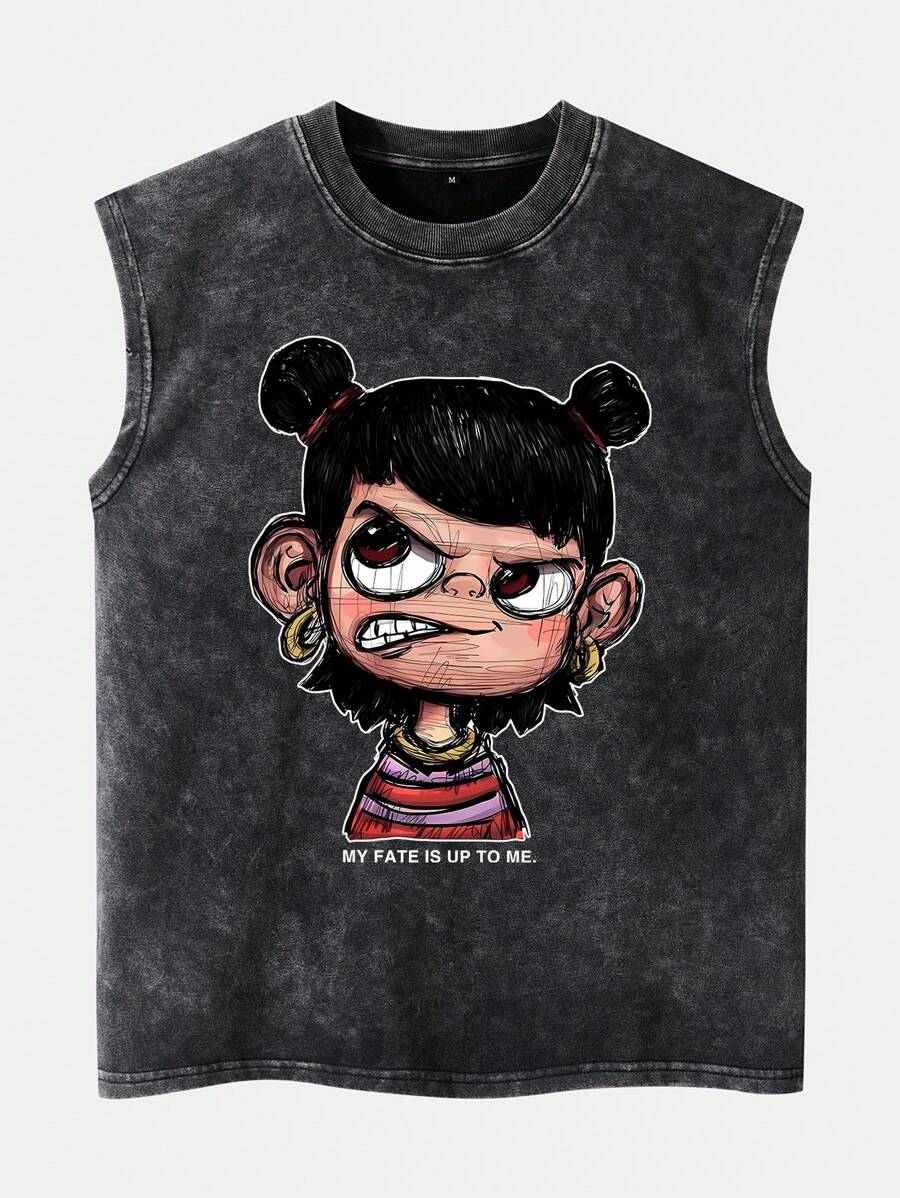 Shwiy Men's Street Style Washed Distressed Effect Sleeveless Tank Top With Cartoon Character Portrait & Letter Print, Suitable For School, Casual Daily Wear - Black - View 1