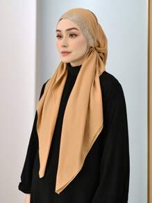 1 pieza/2 piezas Pañuelo musulmán de color liso con rhinestones para mujer, turbante de moda versátil adecuado para uso diario con vestido