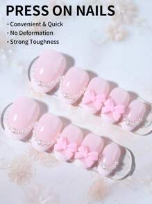 24片椭圆形粉色蝴蝶结珍珠设计白色法式亚克力短款按压式美甲套装，包含：1片果冻凝胶和1个指甲锉，法式美甲，适合女性和女孩日常佩戴和派对，美甲用品