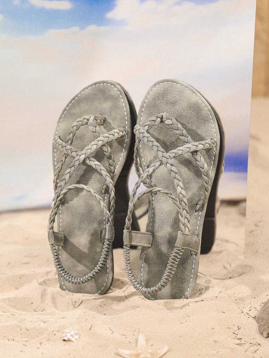 planare Women's Flat Thong Sandals, Round Toe Woven Strap, Retro Style Sandals, Elastic Strap Design,Spring Summer Outfits