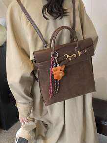 1pc PU + Suede Fabric Tote Bag For Women, Vintage Fashion Large Capacity Top-Handle Handbag With Belt Decor, Multifunctional Shoulder Bag Suitable For Daily Use And Outings (Comes With Pendant)