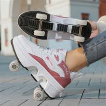 New Transformable 4-Wheel Heelys Shoes For Teenagers And Students, Dual Wheel Roller Shoes - Pink - View 3