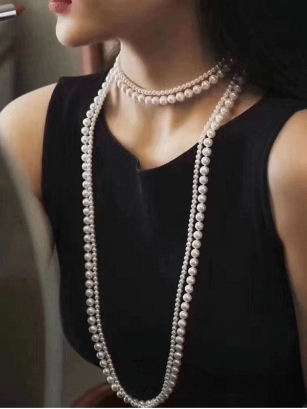 1pc Faux Pearl Long Necklace, Layered Necklace For Dress, Sweater, Lightweight Luxury New Fashion Choker