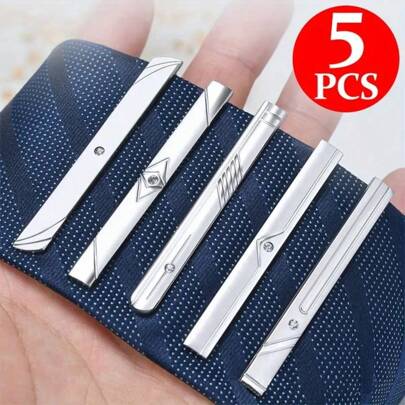 1pc/5pcs Metal Tie Clip Set For Men, Silver Color Formal Necktie Clips, Business Fashion Design Fathers Day Gifts