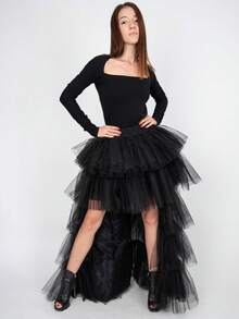 Women's High Low Tutu Skirts Sweet Elastic Waist Tulle Layered Ruffles Princess Petticoat Mesh Long Tiered Skirt For Prom Party Halloween - Multicolor - View 5