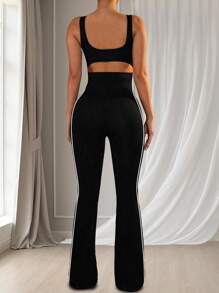 1 件女式运动喇叭连体裤，带肩带和紧身露背，高弹力提臀双条纹瑜伽紧身裤，修身休闲装塑身连体裤 - 黑色 - 查看 4