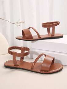 大码女式舒适简约圆头 T 型带弹性皮革平底凉鞋，夏季休闲一脚蹬沙滩拖鞋