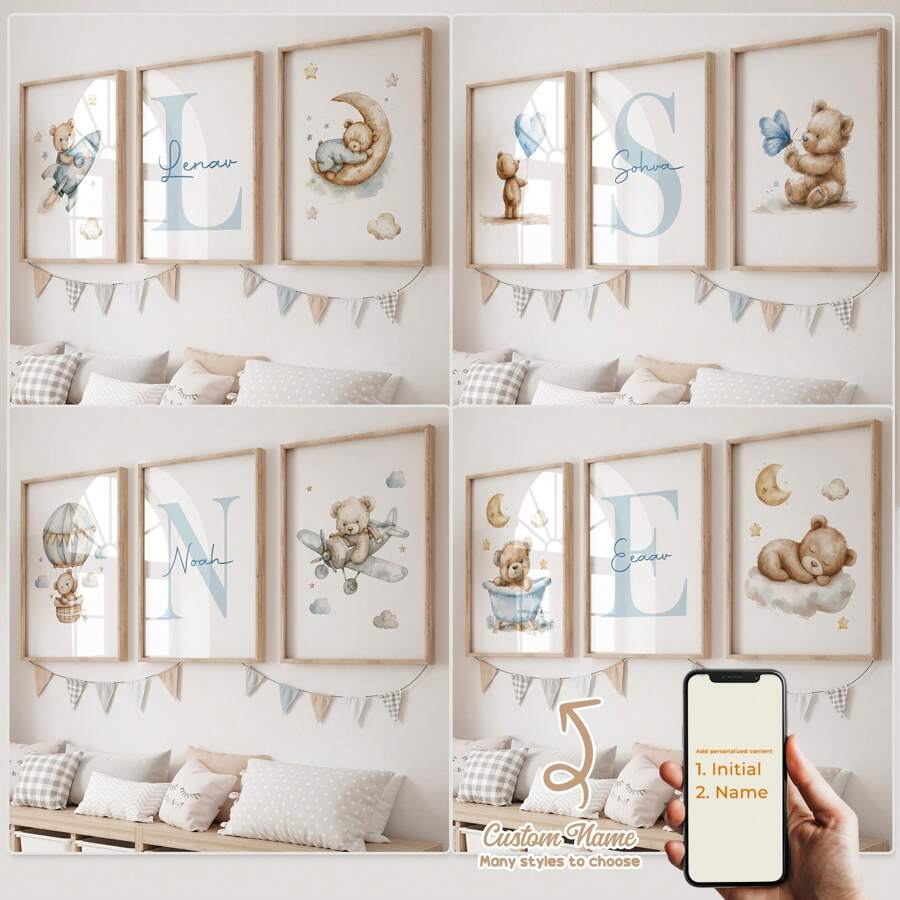 3 szt./zestaw spersonalizowany niebieski niedźwiedź imię imię dzieci płótno plakat sztuka ścienna, niestandardowy plakat z imieniem do wystroju domu, kreskówkowy niebieski niedźwiedź imię prezenty wydruki na płótnie do salonu sypialnia kuchnia pokój dziecięcy pokój chłopców wystrój domu, prezent i dekoracja, bezramowy prezent urodziny ukończenie szkoły, wielofunkcyjny, szybkoschnący, wodoodporny, przeciwpleśniowy, wielokrotnego użytku, ozdobny, słodki, stylowy, wykwintny, uroczy, schludny, wysokiej jakości, nowoczesny, niestandardowy, spersonalizowany, niepowtarzalny, idealne prezenty dla niego, idealne prezenty dla niej, kuchnia, jadalnia, łazienka, salon, sypialnia, szkoła, biuro, herbaciarnia, dom, ogród