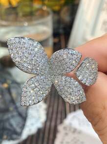 Gift Box Luxury Full Rhinestone Big Butterfly Cubic Zirconia Copper Ring, Suitable For Women To Wear For Weddings, Parties, And Festivals - Silver - View 5