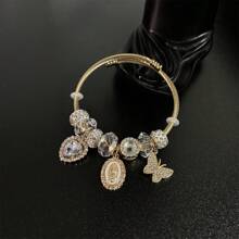 1pc Full Crystal Heart, Virgin Mary, Butterfly Charm Titanium Steel Bracelet, Gold Color Bangle Wrist Accessories For Women - Multicolor - View 4