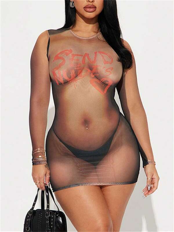 Women's Sexy Bodycon Dress, Letter Print Mesh Sheer Clubwear Mini Dress, Summer