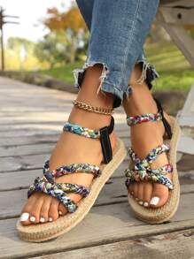 Women's Summer New Elegant Comfortable Cute Woven Floral Flat Sandals, Black - Black - View 6