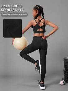 2 件套青少年女孩运动套装，黑色吸湿排汗速干瑜伽健身运动体操露背交叉运动文胸上衣和紧身裤