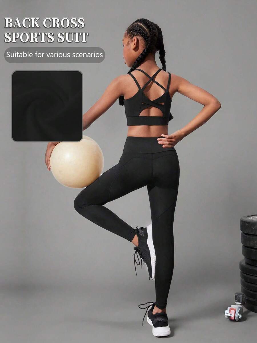 2 件套青少年女孩运动套装，黑色吸湿排汗速干瑜伽健身运动体操露背交叉运动文胸上衣和紧身裤