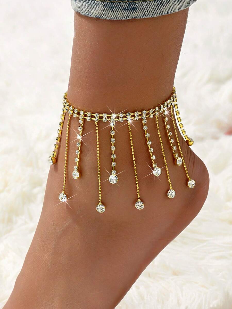 1 件女士水钻流苏脚链，简约双层泪珠吊坠脚链，适合派对