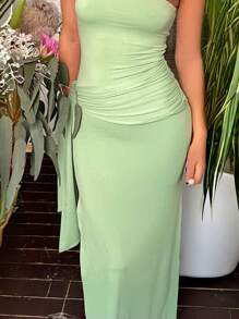 Women Y2k Strapless Tube Dress Bodycon Maxi Dress Solid Color/Floral Print Tie Up Waist Sexy Long Dress For Cocktail Dress Beach Party Summer Vacation Dresses Streetwear - 綠色 - 查看 4