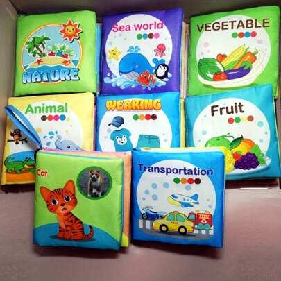 1PC&8Pcs 书籍婴儿玩具，彩色织物婴儿学习书籍（海洋、动物、穿衣、交通、水果、蔬菜等，8 本装），触摸和感受皱褶声音，适用于万圣节感恩节圣诞节礼物