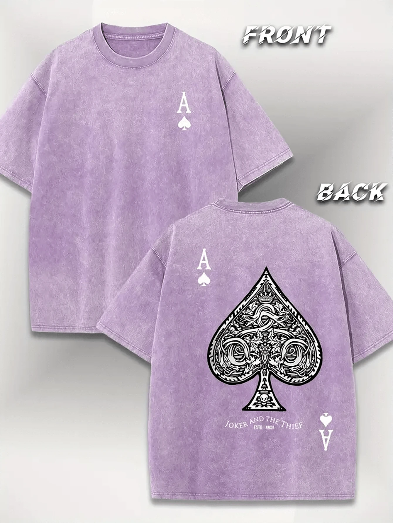 VHUTHK (220Pure Cotton T-Shirt) Spade A Pattern Print Men's T-Shirt Men's Casual  Comfortable, Fashionable T-Shirt, Street Style Cotton   Playing Cards - 淡紫色 - 查看 1