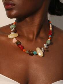 1 件复古多色串珠波西米亚贝壳项链，时尚适合海滩派对和度假 - 彩色 - 查看 2