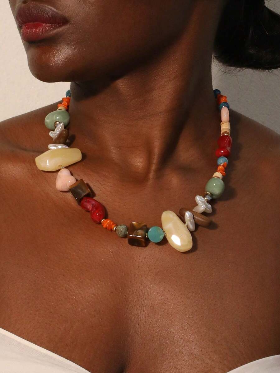 1 件复古多色串珠波西米亚贝壳项链，时尚适合海滩派对和度假