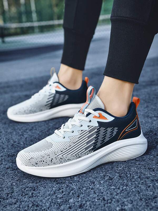 Men's Mesh Running Shoes, Breathable Colorblock Lace-Up, Shock Absorbing, Lightweight Soft Sole Outdoor Sports Sneakers For Summer