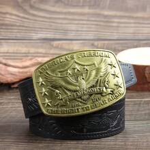 3.7cm Wide Western Style Eagle Star Pattern Cowboy Belt Buckle, Smooth Buckle Design With Punched Round Holes, Suitable For Men And Women - Multicolor - View 15