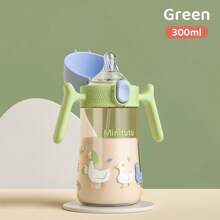 1pc 300ml Cartoon Animal Milk Bottle, Cute Rabbit/Duck/Kitten Print, Material Shockproof Heatproof, With Toddler Lock Drink Water Milk No Nose Touch, Clear Scale, Anti-Slip Handle, Suitable For Daily Use, Holiday Birthday Gift