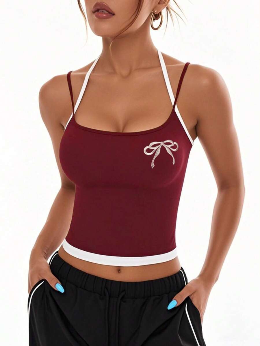 女士蝴蝶结刺绣拼色修身日常健身运动吊带背心上衣 - 酒紅色 - 查看 1