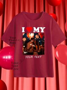 Customize A "I Love" Themed Women's T-Shirt, Add Your Text And Picture (Badge Graphic/Couple Photo/Family Photo/Selfie/Pet), Design Your Own Personalized Printed T-Shirt As A Gift For Girlfriends, Couple Dating Shirts, Etc, Can Be Used For Anniversaries, Valentine's Day,Mother's Day, Birthdays, Holidays, Etc. Comfortable And Casual,Customized Couple Shirt,Women's Tops,Customized Graphic Tops,Women's Short Sleeve T Shirt,Tops - Burgundy - View 1