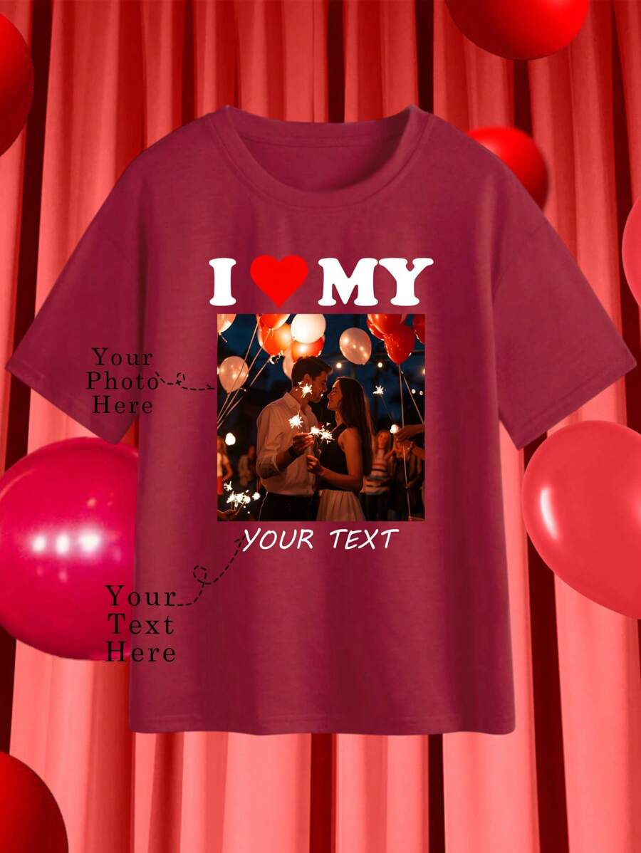 Customize A "I Love" Themed Women's T-Shirt, Add Your Text And Picture (Badge Graphic/Couple Photo/Family Photo/Selfie/Pet), Design Your Own Personalized Printed T-Shirt As A Gift For Girlfriends, Couple Dating Shirts, Etc, Can Be Used For Anniversaries, Valentine's Day,Mother's Day, Birthdays, Holidays, Etc. Comfortable And Casual,Customized Couple Shirt,Women's Tops,Customized Graphic Tops,Women's Short Sleeve T Shirt,Tops - Burgundy - View 1