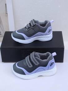 Colorblock Fashionable Flat Sports Shoes - Adorable, Comfortable, Soft, Lightweight, Super Fiber Hook And Loop, Suitable For Outdoor Activities - Grey - View 3