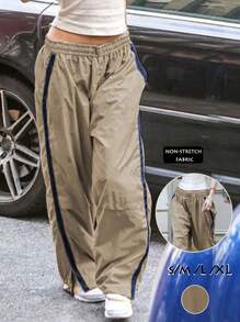 Contrast Tape Side Wide Leg Trousers - Khaki - View 1