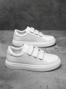 (Runs Small) Men's Classic Fashion Versatile White PU Splicing Hook And Loop Easy Wear Skate Shoes, Outdoor Sports Comfortable Non-Slip Low-Top Lightweight Flat Walking Shoes