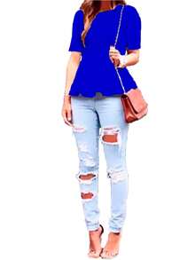 Short Sleeve Ruffle Blouse - Blue - View 2