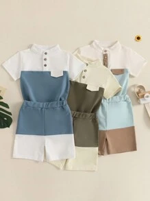 Little Boy Summer Clothes Contrast Color Henley Short Sleeve Pocket T-Shirt With Elastic Waist Shorts Outfit