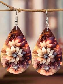 1Pair Bohemian Flower Wooden Small Water Drop Earrings, Watercolor Flower Pattern Earrings Pendant, Girls Jewelry Gift