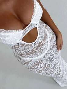 Women Summer Long Cami Dress Sleeveless Backless Sheer Lace Floral Hollow Out Party Dress