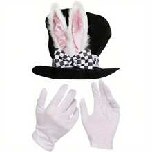 3 件套复活节服装套装，包括带耳朵的兔子帽、蝴蝶结、手套 - 角色扮演服装，适用于舞台表演、魔术表演、狂欢节 - 可手洗、无羽毛，适合新年和各种庆祝活动、舞会派对服装套装
