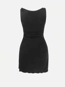 2025 Summer New European & American Style Women's Sleeveless Ruched Bodycon Mini Dress, Black, Slimming & Elegant
