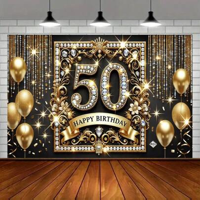 1pc Luxurious 50th Birthday Party Banner, Multi-Foot Polyester Background, Elegant Multi-Purpose Celebration Wall Decoration, Gold And Black Theme, Suitable For Indoor And Outdoor Events, Festivals, Courtyards, Studios, Home And Garden Photography Background