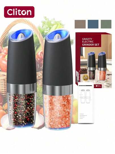 CLITON Gravity Electric Salt And Pepper Grinder Set Automatic Shakers Mill Grinder With LED Light, Battery Powered Adjustable Coarseness One Hand Operation, Gravity Electric Pepper And Salt Grinder Set, Adjustable Coarseness,Upgraded Larger Capacity,Stainless Steel Black
