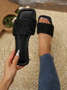 女士单趾带水钻装饰凉鞋，夏季休闲百搭户外塑料平底拖鞋 - 黑色 - 查看 1