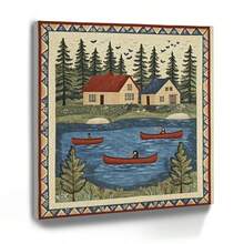 1 Pc, 3-4 Designs Of Scandinavian Cabins And Canoes On A Lake, Original, Canvas, Wall Art, Living Room Wall Decor, Bedroom, Bathroom, Framed Wall Newspaper, Art Prints, Wall Art, Home Decor, Holiday, Gifts. Home Decorat 1 - Multicolor - View 1
