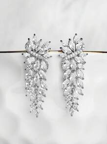 1 Pair Luxury Elegant Zirconia Wrapped Leaf Decor Women's Dangle Earrings, Suitable For Wedding Wear And Gift