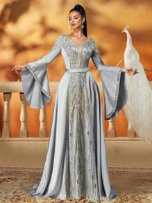 AmazingHoney 优雅银色亮片装饰长袍，喇叭袖设计，奢华迪拜卡夫坦长袍，女士正式阿巴雅，卡夫坦长袍，度假端庄长袍 - 薄荷綠 - 查看 3