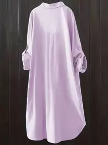 Women's Casual Solid Color Roll-Up Sleeve Shirt, Spring/Autumn - Pink Purple - View 2