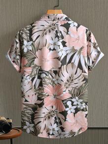 男士花卉印花纽扣短袖衬衫 - 彩色 - 查看 3