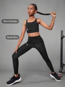 2 件套青少年女孩运动套装，黑色吸湿排汗速干瑜伽健身运动体操露背交叉运动文胸上衣和紧身裤